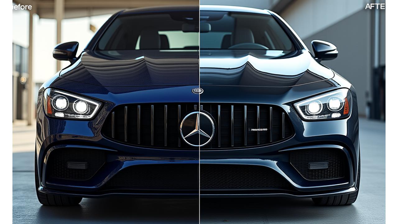 Slider interactif avant/après montrant la transformation spectaculaire d'une voiture grâce au detailing extérieur par AquaCleanse