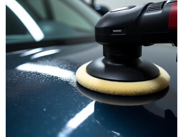 Gros plan sur une polisseuse professionnelle en action sur une carrosserie noire, créant un reflet parfait
