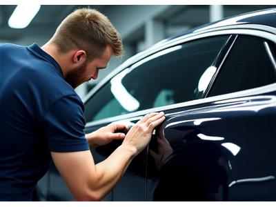 Expert detailer inspectant la carrosserie d'une voiture sous une lumière vive, garantissant la perfection avant la remise au client