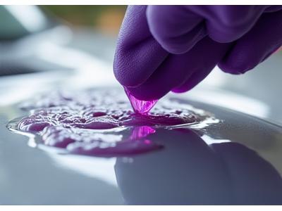 Main appliquant un produit décontaminant sur la carrosserie d'une voiture, visualisé par un liquide violet réagissant aux particules métalliques