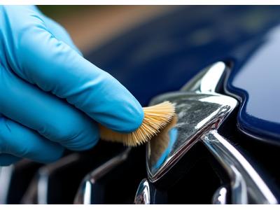Expert detailer appliquant une cire de protection sur un emblème chromé de voiture avec un chiffon en microfibre, mettant en valeur la précision