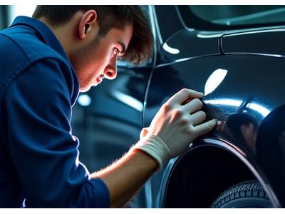 Detailer professionnel inspectant la peinture d'une voiture avec une lampe torche, identifiant les imperfections