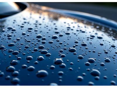 Carrosserie de voiture avec des gouttes d'eau parfaitement sphériques glissant sur une surface traitée en céramique, illustrant l'effet hydrophobe