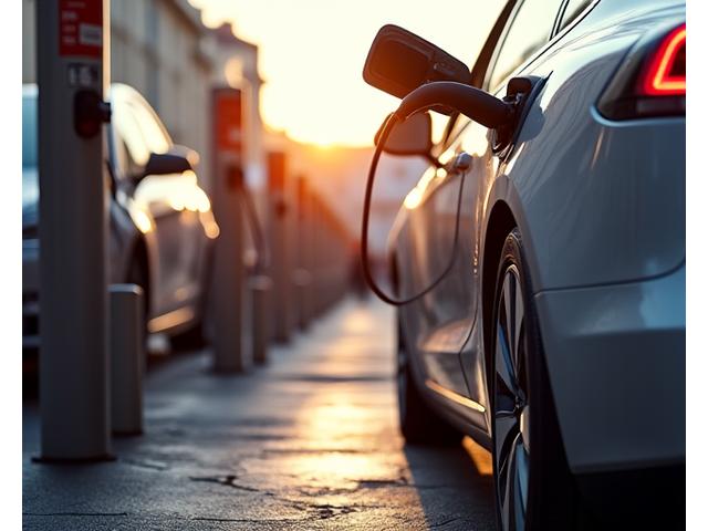 Vue stylisée d'un véhicule électrique se rechargeant à une borne à Lyon, avec une représentation visuelle d'un nettoyage rapide en arrière-plan, symbolisant l'efficacité de nos services pendant la charge.