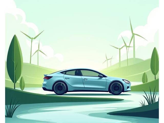 Illustration montrant des symboles d'énergie renouvelable (panneaux solaires, éoliennes) et des gouttes d'eau recyclées à côté d'un véhicule électrique propre, représentant l'engagement écologique d'AquaCleanse.