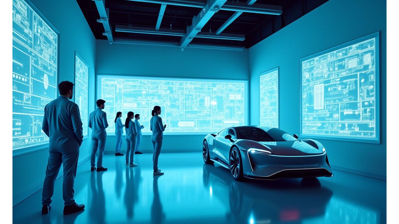 Image conceptuelle d'un laboratoire de recherche automobile futuriste avec des techniciens analysant des véhicules électriques de prochaine génération, symbolisant l'engagement d'AquaCleanse pour l'innovation et l'avenir de l'automobile.