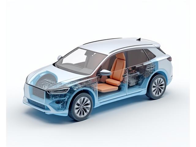 Vue éclatée simplifiée d'une voiture hybride, montrant clairement le moteur thermique et les composants électriques des batteries, illustrant la double compétence nécessaire pour leur entretien chez AquaCleanse.