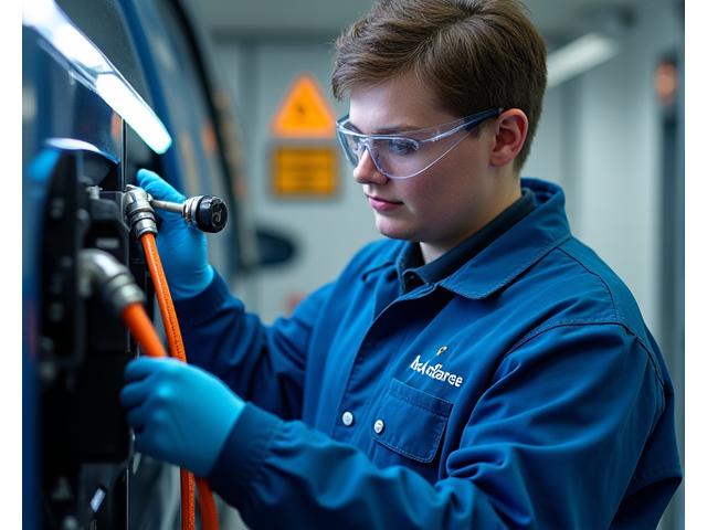 Technicien AquaCleanse portant des équipements de protection individuelle (EPI) spécifiques, effectuant une vérification de sécurité sur un véhicule électrique avant le nettoyage, avec un panneau indiquant 'Zone Haute Tension'.