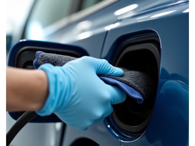Vue rapprochée d'un opérateur AquaCleanse nettoyant délicatement le port de charge d'un véhicule électrique avec un produit et un chiffon spécifiques, illustrant la précision et la connaissance des zones sensibles.