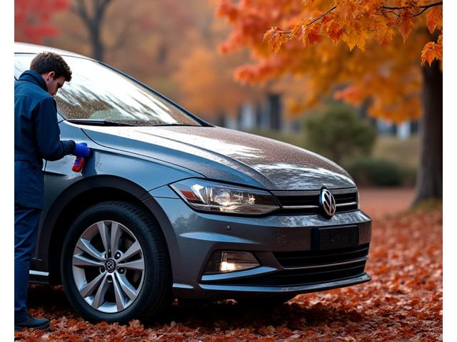 Voiture propre et protégée au milieu de feuilles d'automne, prête pour l'hiver