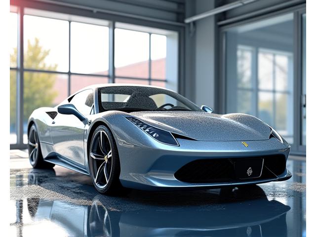 Voiture méticuleusement nettoyée au printemps, reflétant le ciel bleu