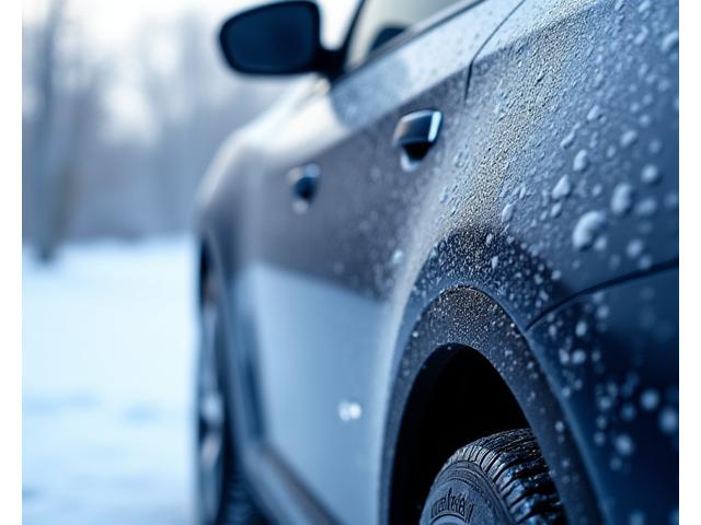 Détail d'une voiture couverte de protection hivernale, sous de légers flocons de neige