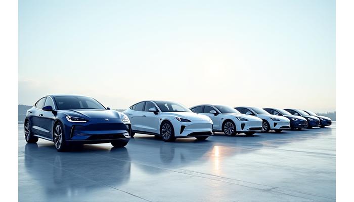 Flotte de véhicules d'entreprise AquaCleanse impeccablement nettoyée, alignée et brillante dans un parking moderne, reflétant le ciel bleu clair. L'image met en valeur la propreté et le professionnalisme.