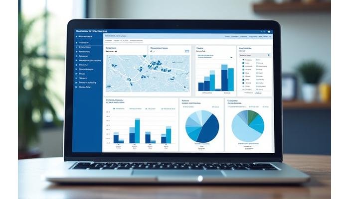 Tableau de bord numérique sur un écran d'ordinateur ou une tablette, montrant des graphes, des statistiques et des outils de gestion de flotte clairs, symbolisant une gestion simplifiée et efficace.