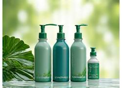 Mains tenant des produits de nettoyage étiquetés 'biodégradable' ou 'écologique', avec des feuilles vertes en arrière-plan, symbolisant l'engagement environnemental d'AquaCleanse.