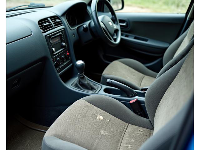 Intérieur de voiture sale et négligé avant le nettoyage, avec taches et poussière