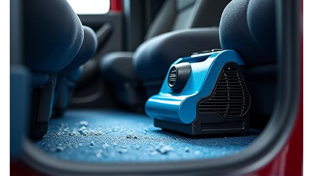 Intérieur de voiture avec équipement de séchage professionnel en action