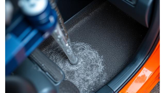Machine d'injection-extraction en action sur le tapis de sol d'une voiture