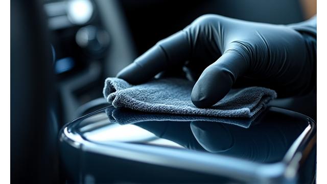 Technicien appliquant un produit de finition sur les plastiques intérieurs d'une voiture