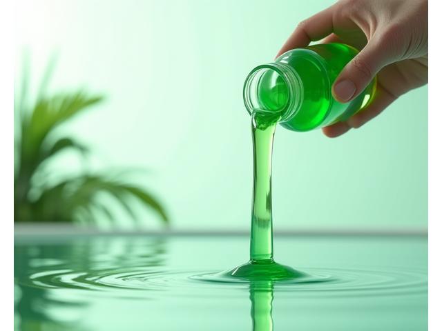 Main versant un liquide vert dans un seau à travers un filtre, symbolisant le respect de l'environnement, avec le logo AquaCleanse en arrière-plan