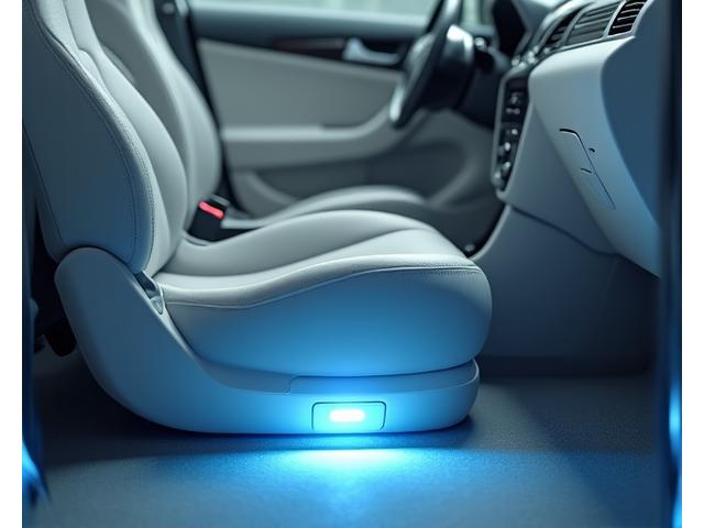 Générateur d'ozone en action dans l'habitacle d'une voiture, pour désinfection et élimination des odeurs