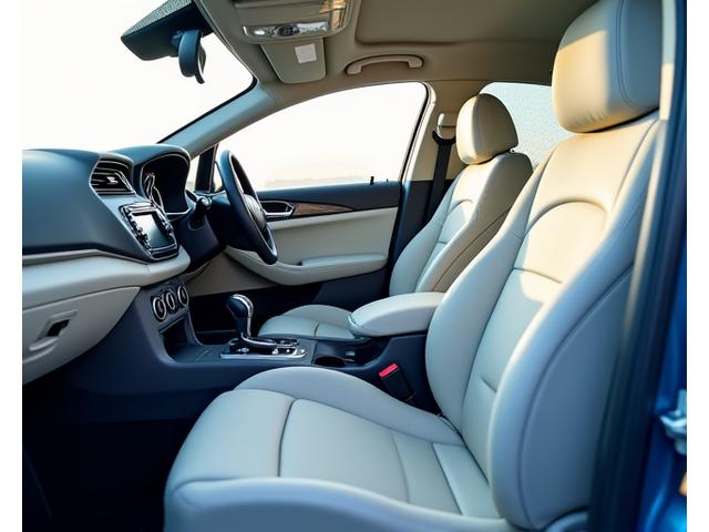 Intérieur de voiture impeccable après un nettoyage AquaCleanse, sièges en tissu propres et tableau de bord lustré.