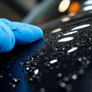 Application d'un revêtement céramique sur la carrosserie d'une voiture, créant une surface très brillante et hydrophobe.