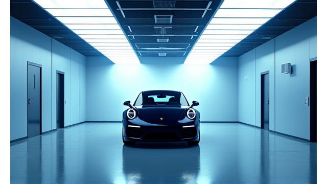 Voiture garée dans un atelier de detailing lumineux et propre, ambiance calme, l'éclairage met en valeur la surface brillante de la voiture.