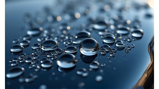 Gros plan sur de l'eau perlant parfaitement sur la carrosserie d'une voiture après traitement céramique, montrant les gouttes se former rondes et glissantes.
