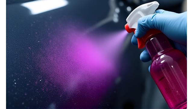 Main d'un technicien pulvérisant un produit décontaminant sur une surface de carrosserie, montrant la réaction chimique aux impuretés.