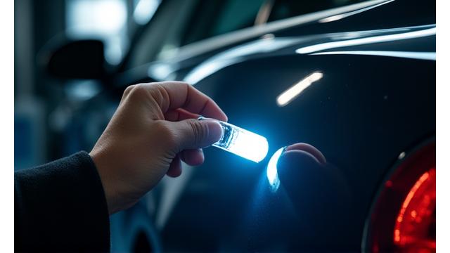 Technicien effectuant un diagnostic minutieux de la peinture d'une voiture, éclairant la surface pour repérer les défauts.