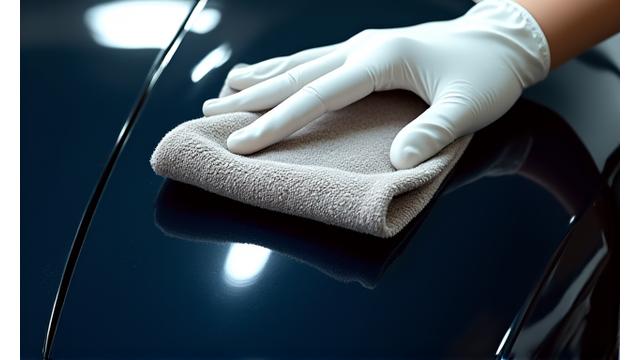 Gros plan sur un tampon de polissage doux essuyant la carrosserie fraîchement traitée, la surface brille intensivement.