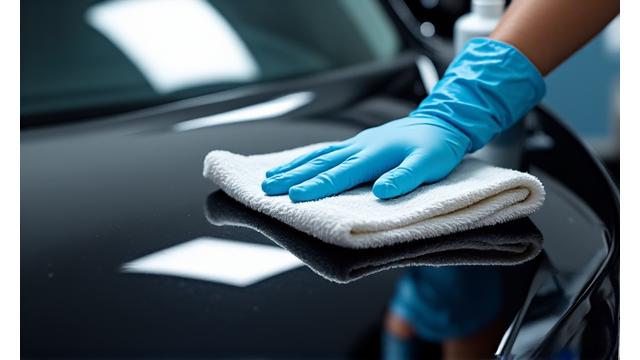 Technicien appliquant un dégraissant sur une surface de carrosserie noire, essuyage avec un chiffon propre.