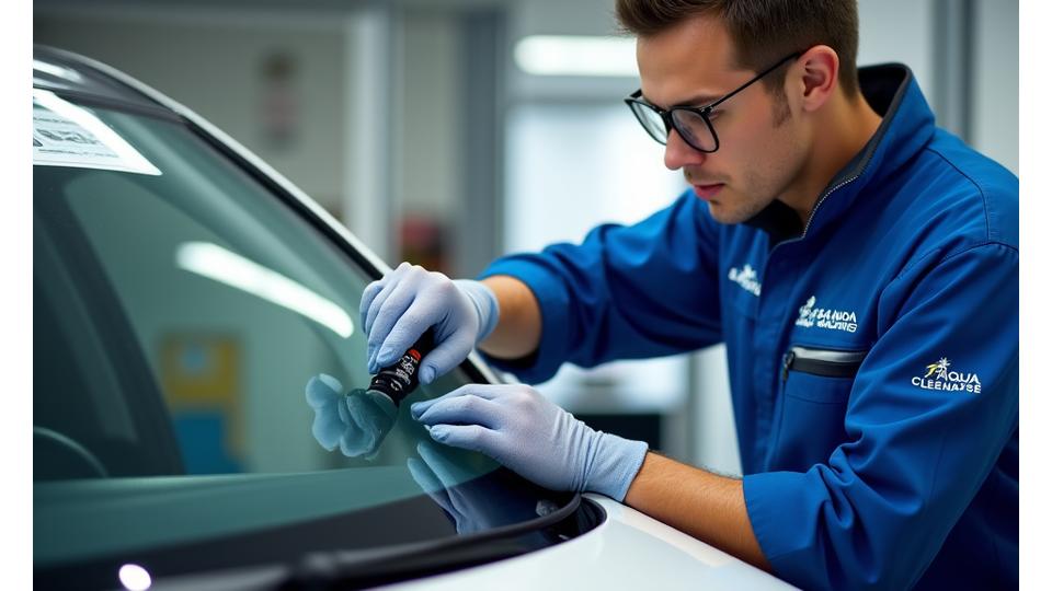 Un technicien AquaCleanse en uniforme bleu et orange appliquant méticuleusement un traitement hydrophobe sur le pare-brise d'une voiture, éclairé par une lumière diffuse pour accentuer la précision du geste.