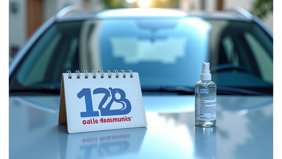 Un calendrier stylisé avec des marques indiquant une durabilité d'un an à 18 mois sur un pare-brise, appuyé par des produits d'entretien doux, symbolisant la longévité du traitement AquaCleanse.