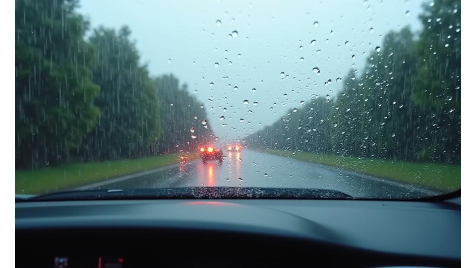 Vue claire d'un pare-brise sous la pluie avec l'effet hydrophobe du traitement AquaCleanse, montrant des gouttes d'eau perlantes s'évacuant rapidement, contrastant avec une portion non traitée floue.